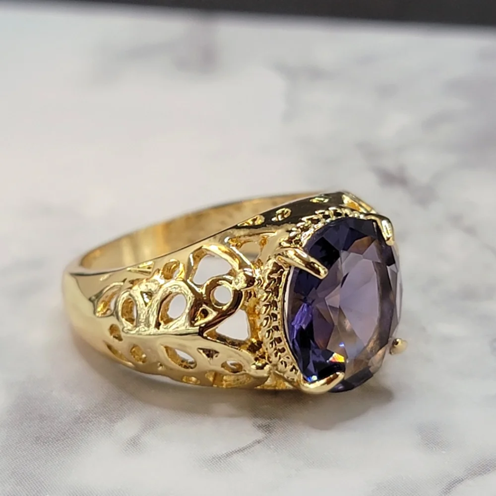 Gold Tone Simulated Purple Gemstone Butterfly Filigree Ring